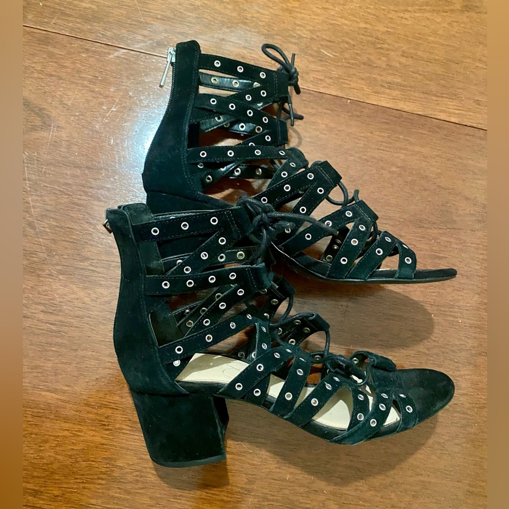 Jessica Simpson Haize Black Suede Grommet Covered Block Heel Size 7.5